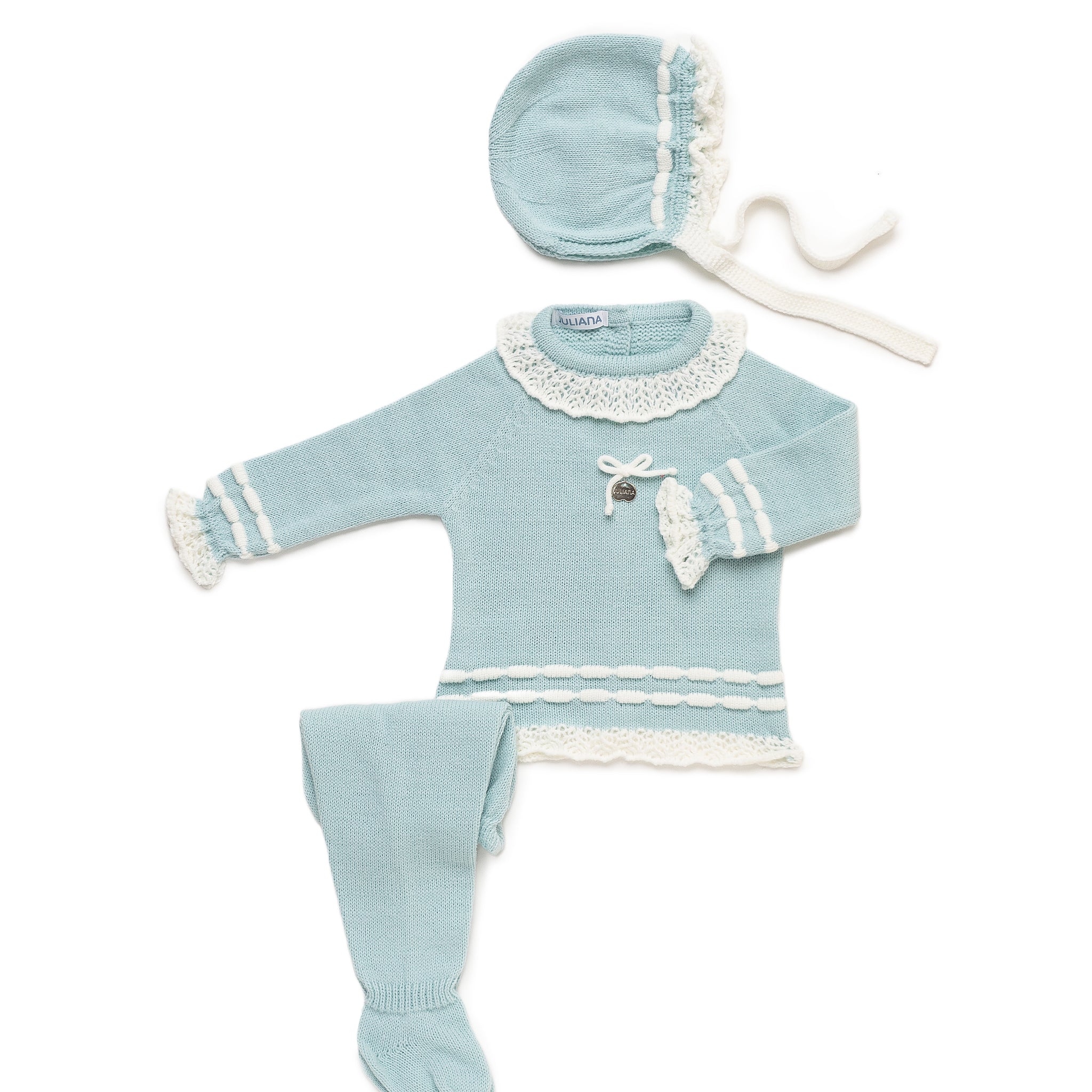 3-delige pasgeborenenset met gestreept patroon op zoom en mouwen en ruches, inclusief bijpassende deken