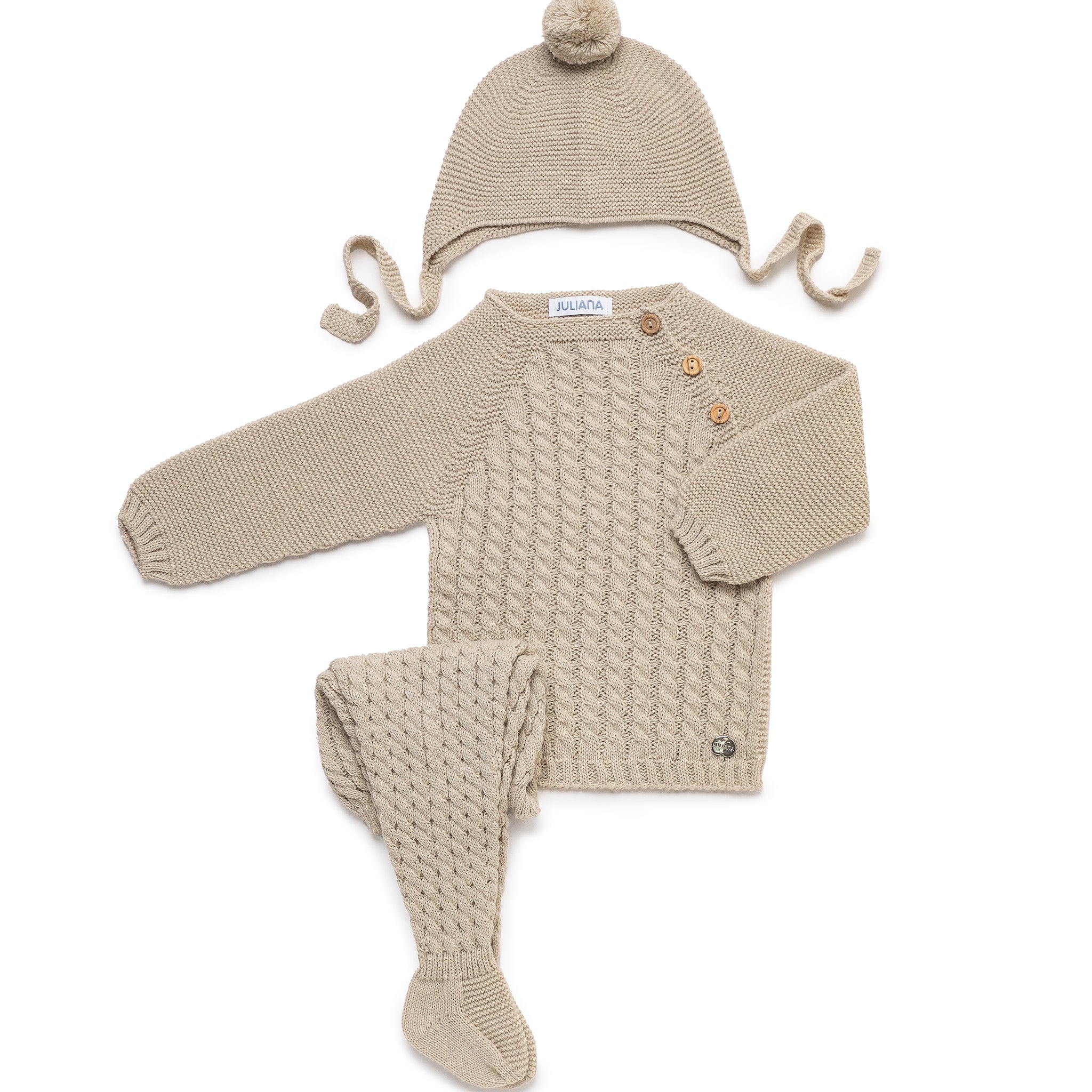 4-delige newbornset met gevlochten breiwerk en bijpassende deken