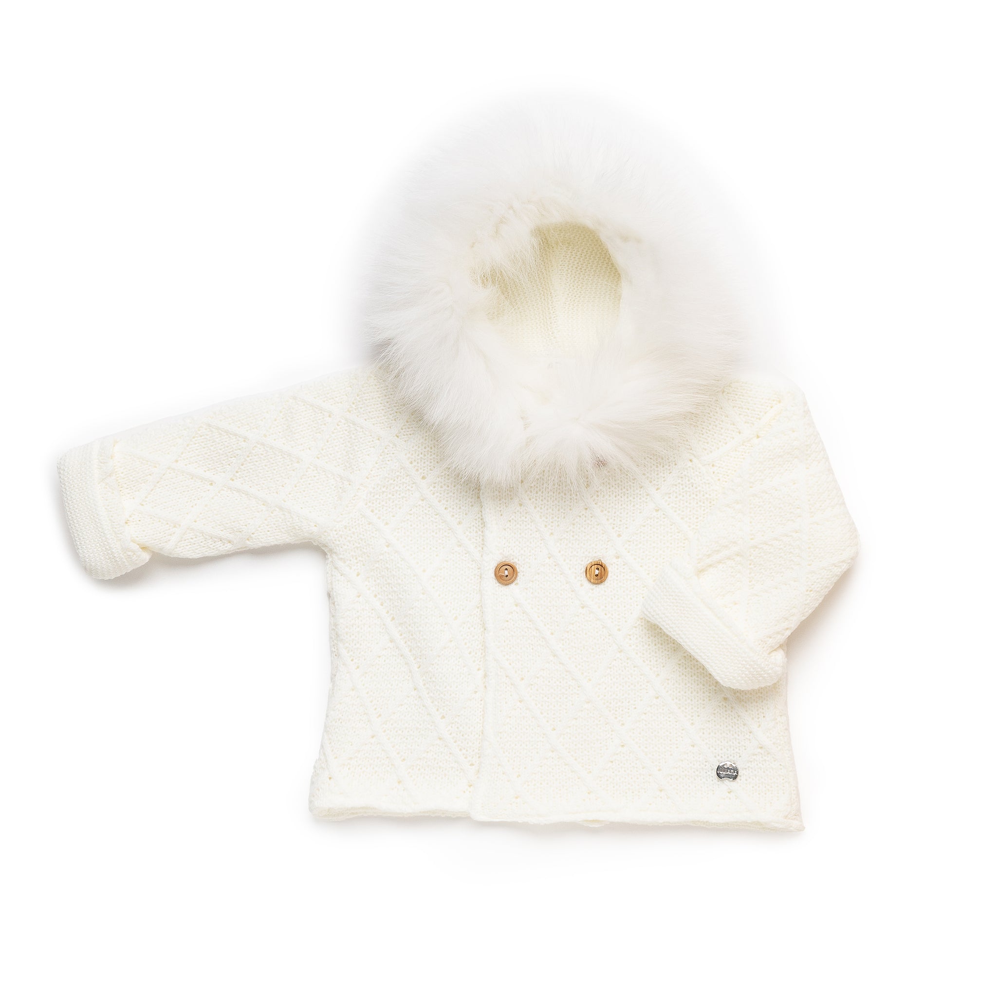 Gebreide jas met ruitpatroon en capuchon van natuurlijk bont