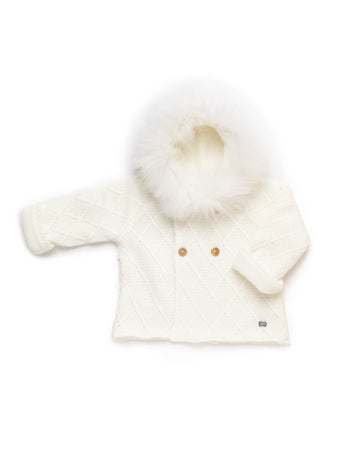 Gebreide jas met ruitpatroon en capuchon van natuurlijk bont