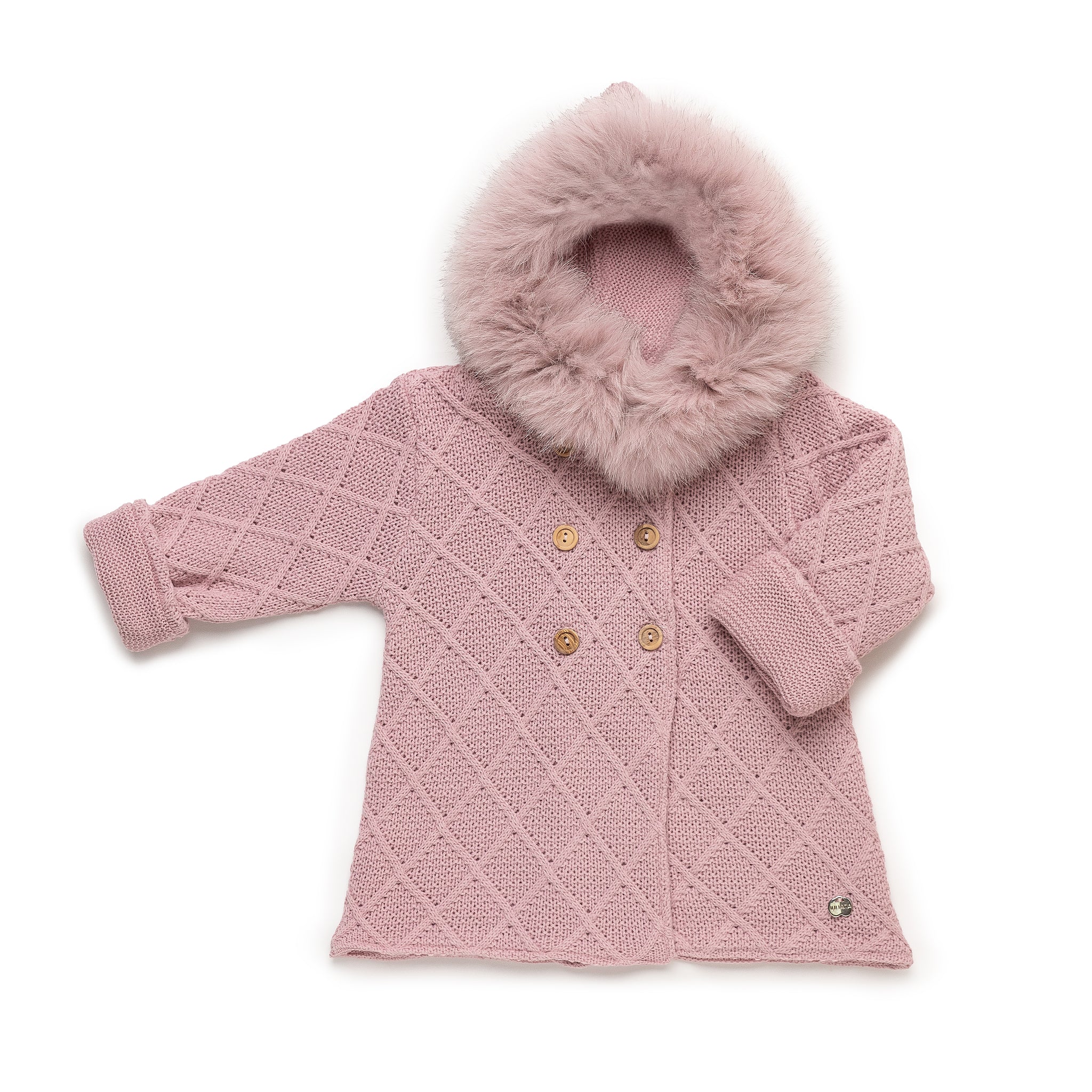 Gebreide jas met ruitpatroon en capuchon van natuurlijk bont