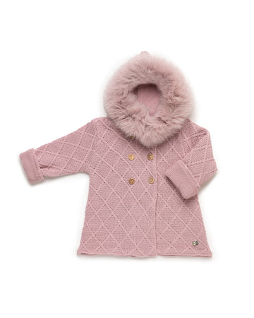 Gebreide jas met ruitpatroon en capuchon van natuurlijk bont