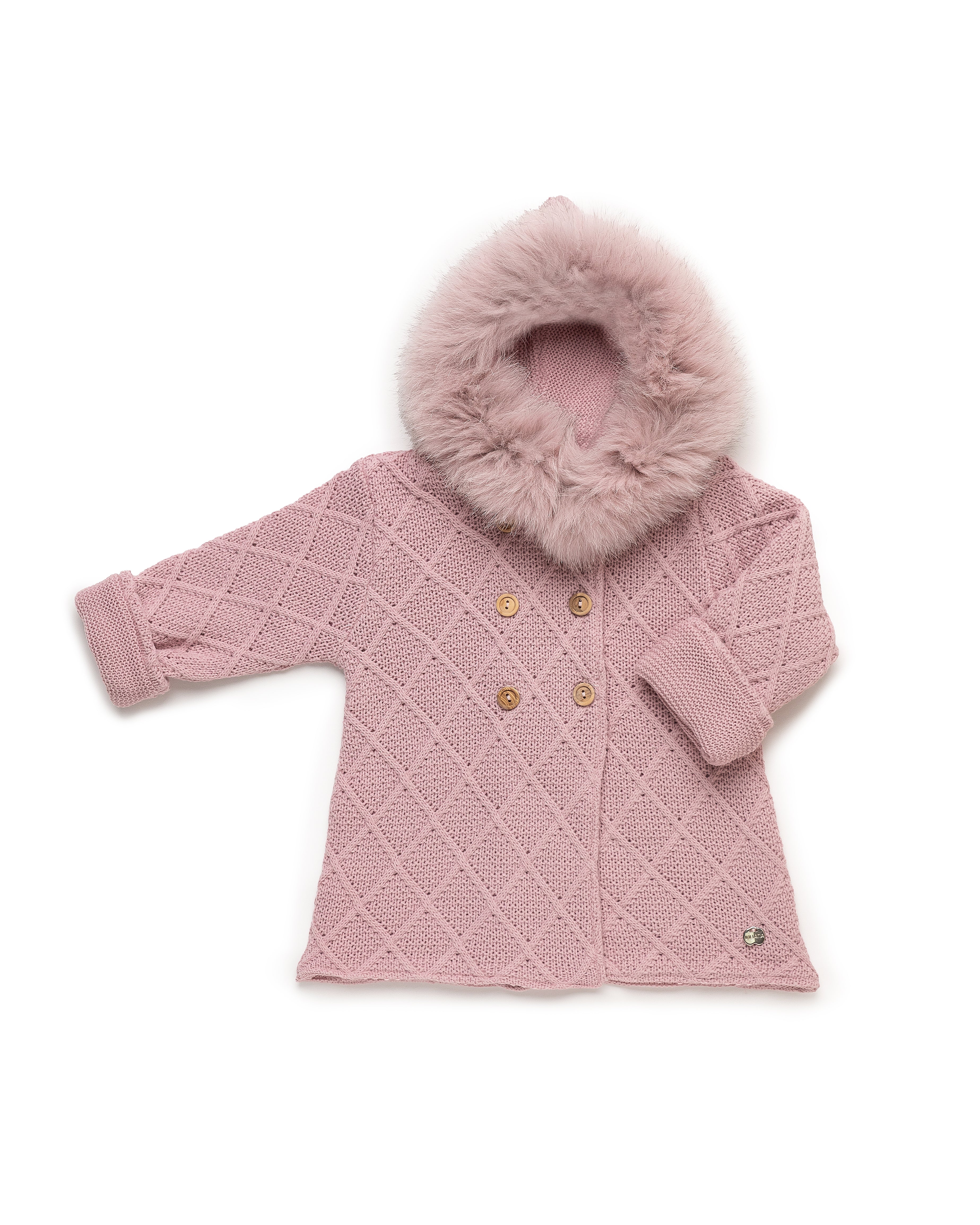 Gebreide jas met ruitpatroon en capuchon van natuurlijk bont