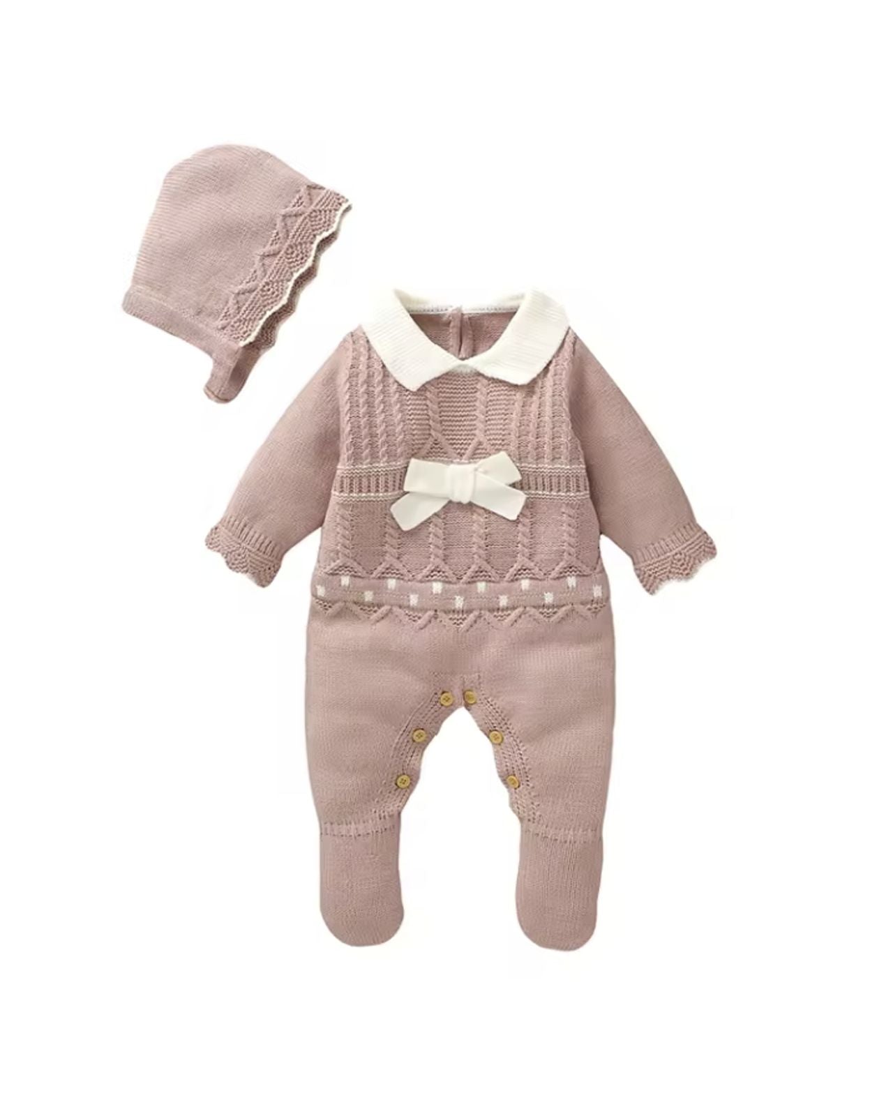 Romper met overhemdkraag, beenknopen en bijpassende muts 