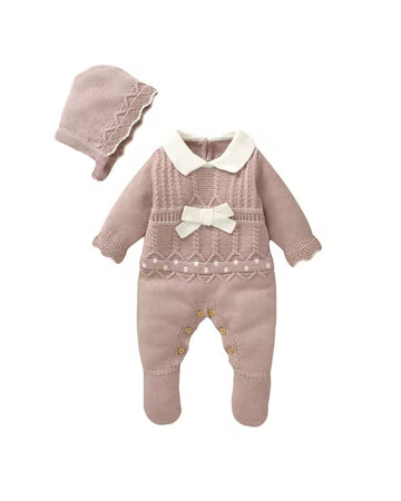 Romper met overhemdkraag, beenknopen en bijpassende muts 